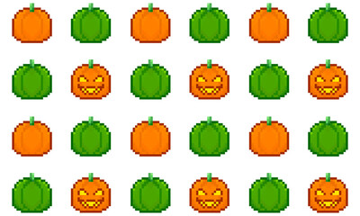 Halloween Seamless Pattern, Pixel Art Pumpkin Orange and Green Halloween Design, Digital Paper for Decoration, Halloween Background for Scrapbooking, Party Invitation, Poster, Print and Textile Design