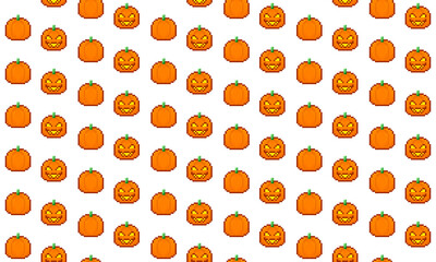 Halloween Seamless Pattern, Pixel Art Pumpkin Orange and Green Halloween Design, Digital Paper for Decoration, Halloween Background for Scrapbooking, Party Invitation, Poster, Print and Textile Design
