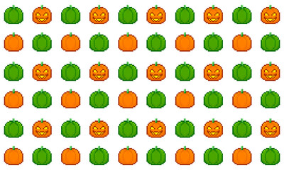 Halloween Seamless Pattern, Pixel Art Pumpkin Orange and Green Halloween Design, Digital Paper for Decoration, Halloween Background for Scrapbooking, Party Invitation, Poster, Print and Textile Design