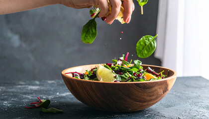 Vibrant Salad Tossed with Lemon Juice, Fresh Basil Leaves, Wooden Bowl, Healthy Eating.