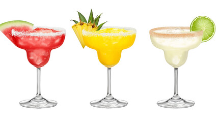 Watermelon, Pineapple, Coconut Margarita cocktail transparent PNG set bundle, isolated background. Colorful vibrant exotic tropical summer cocktails with garnish, bar menu drinks