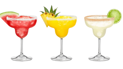 Watermelon, Pineapple, Coconut Margarita cocktail transparent PNG set bundle, isolated background. Colorful vibrant exotic tropical summer cocktails with garnish, bar menu drinks
