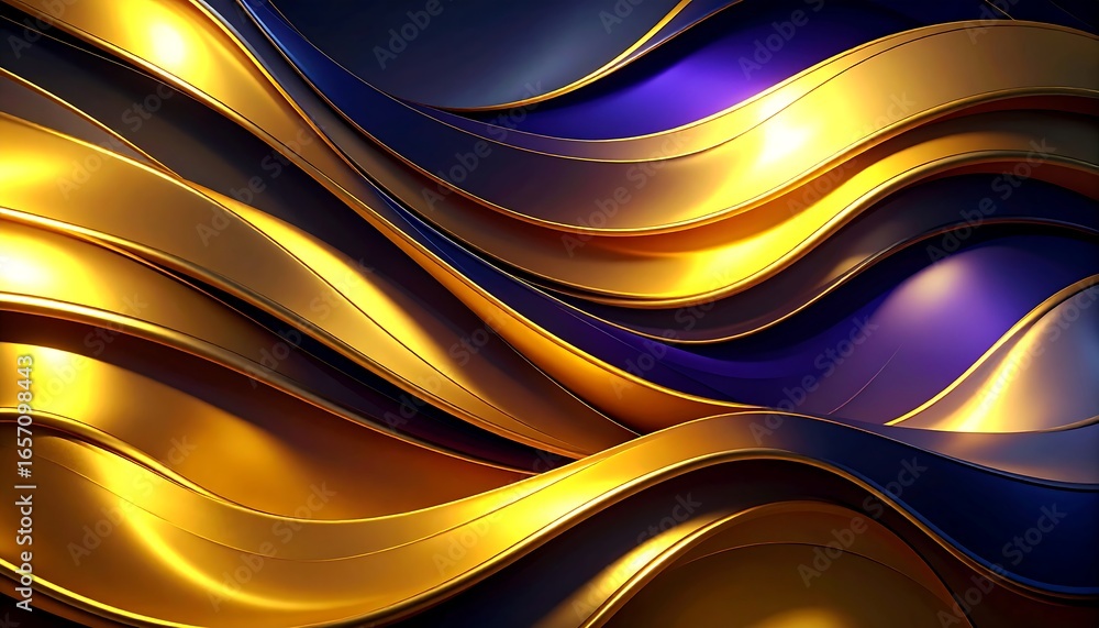 Poster abstract design featuring flowing, golden and deep purple ribbons, creating a dynamic and elegant vi