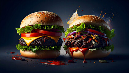 Dramatic Double Burger Showdown - A Culinary Explosion in Dark Lighting.