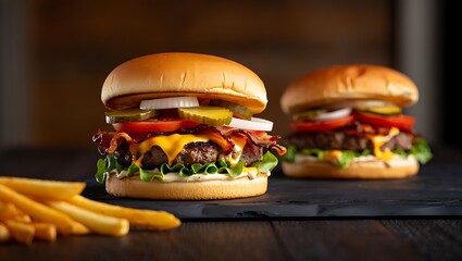 Delicious bacon cheeseburger with fresh toppings and french fries on a dark surface