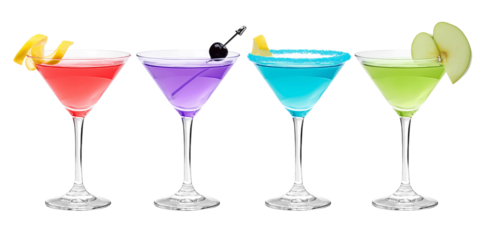 Cosmopolitan, Aviation, Glacier Martini, Appletini cocktail transparent PNG set bundle, isolated background. Colorful vibrant summer cocktails with garnish, bar menu drinks
