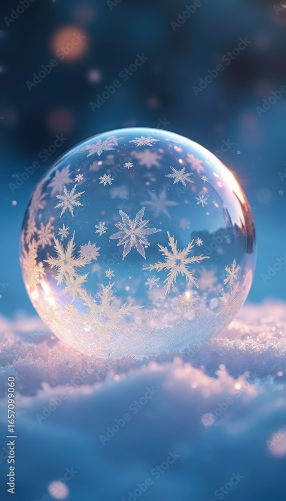 Poster snowflake patterns adorn clear glass sphere resting in soft snow. sphere reflects warm light, creati