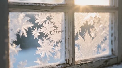 Frosted window with snowflake patterns and sunlight in winter - Powered by Adobe