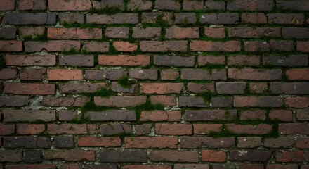 Fototapeta premium Aged and Rustic Red Brick Wall with Patches of Green Moss, Providing a Unique Textured Background