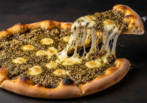 Lebanese Zaatar Cheese Pizza (Manakish) with Sesame and Melting Mozzarella Slice Pull