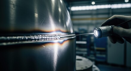 Detailed focus on weld seams being inspected on compact nuclear reactor shells under intense factory lighting to ensure safety standards.
