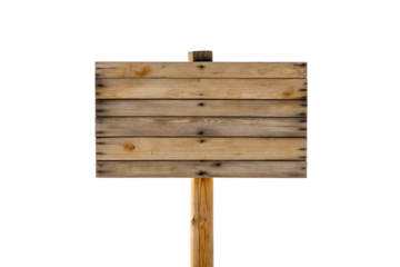 Blank wooden signboard isolated on white background, perfect for custom messages, directional signs, or decorative purposes