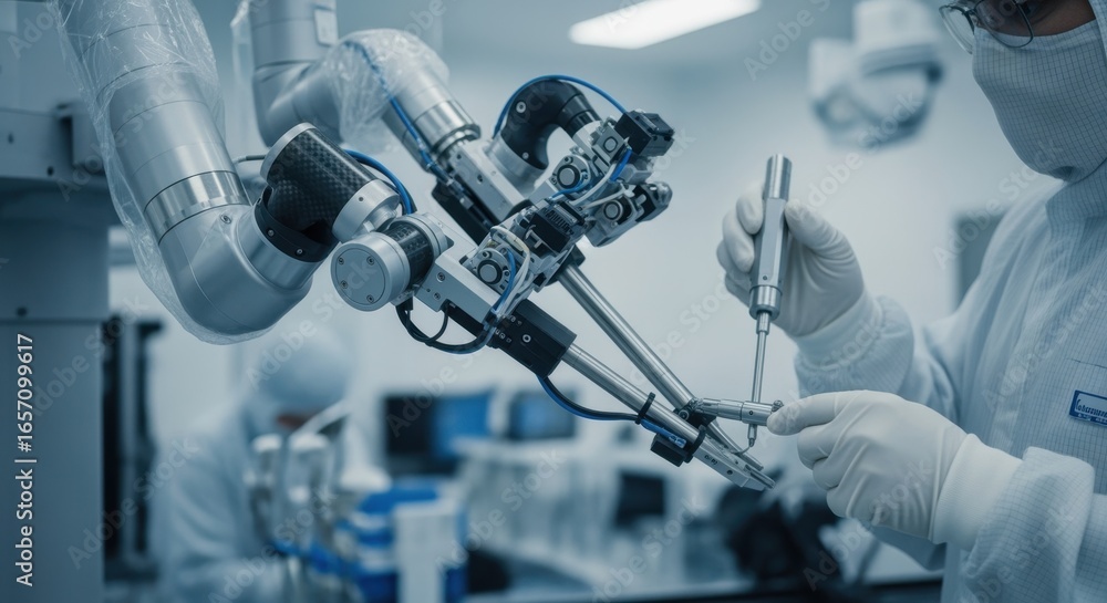 Poster surgical robot instrument mechanical joints in a cleanroom focused on the precise calibration proces