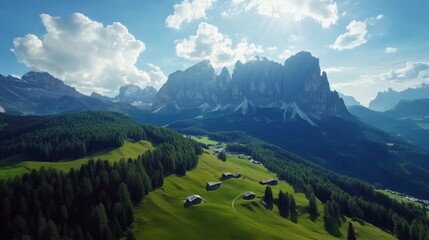 Obraz premium Village in dolomites. Realistic journey video of valleys and meadows. A mountain range in south of europe is the wolfenstein tyrol and the selva dolomites. The hamlet in the dolomite lifestyle.