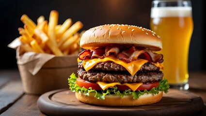 Delicious triple cheeseburger with bacon and french fries served with a cold beer