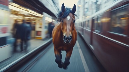 Horse running on train. Mustang in a video from tokyo. Urban transport landscape with a railway. A horse galloping lifestyle on a railway.