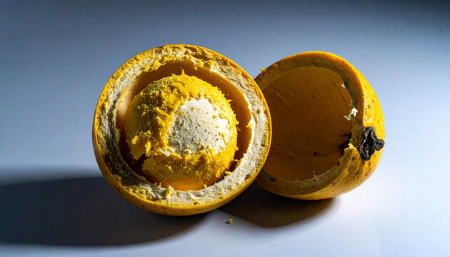 Half-Cut Monk Fruit - Golden Interior, Textured Surface, Studio Lighting.