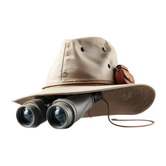 Adventure safari hat with binoculars peeking out from the brim isolated on transparent background