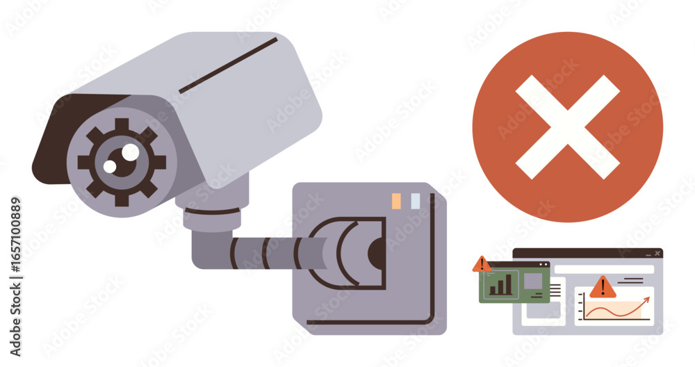 Poster cctv camera pointing beside red error icon and alert signals on digital screens. ideal for cybersecu