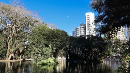 Fototapeta premium Buildings adjacent to Passeio Público de Curitiba, the oldest park in the city of Curitiba, capital of the Brazilian state of Paraná. Opened in 1886, it is located in the city center.