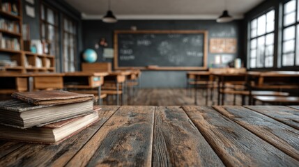 Rustic Classroom Setting: Books on Wooden Desk with Blurred Background of School Desks and Chalkboard
