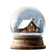 Cozy log cabin scene inside a snow globe with falling snow isolated on transparent background