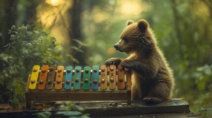 Teddy bear playing xylophone. Crafted xylophone crafted by a slavic musician. Close-up design of a bear with 4k resolution. A stuffed bear striking a lifestyle xylophone.