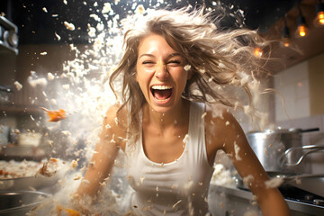 Woman joyfully celebrates amidst a playful explosion of flour in a restaurant kitchen during a cooking session