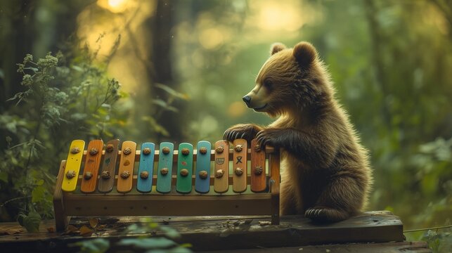 Teddy bear playing xylophone. Crafted xylophone crafted by a slavic musician. Close-up design of a bear with 4k resolution. A stuffed bear striking a lifestyle xylophone.