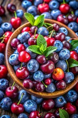 Vibrant and juicy still life of fresh sour blueberries, red cranberries and dark cherries, ideal for healthy eating, superfood and nutrition themes
