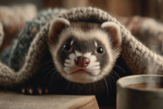 An adorable domestic ferret peeking out from under a cozy knitted blanket.