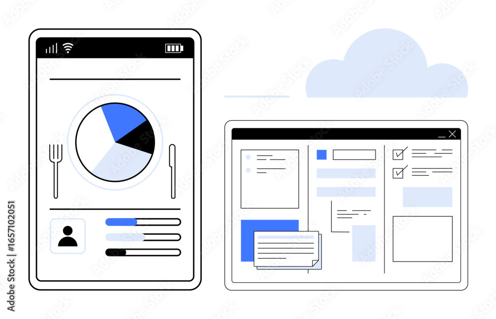Poster smartphone displaying nutrition pie chart alongside task management dashboard on tablet screen. idea
