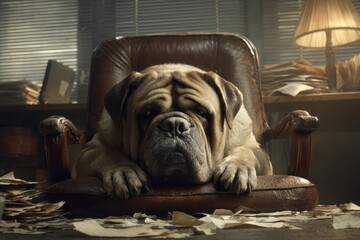 Sad English Mastiff dog looking weary, sitting in a cluttered old office chair.
