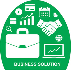 Business solution and management icon set. Vector glyph pictograms of handshake, chart, briefcase, growth, strategy, teamwork, finance, planning, productivity, corporate success black silhouette illus