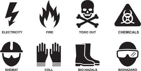 Fire and toxic hazard warning icon set. Vector glyph pictograms of flame, skull danger, chemical biohazard, radiation, emergency risk, workplace safety, industrial caution, toxic accident black silhou