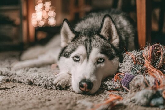 A beautiful Siberian Husky dog resting on a cozy rug with soft bokeh lights.