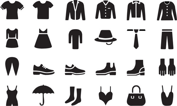 Clothing and fashion apparel icon set. Vector glyph pictograms of dress, suit, shoes, hat, shirt, accessories, wardrobe collection, trendy outfit, textile style, garment fashion black silhouette illus