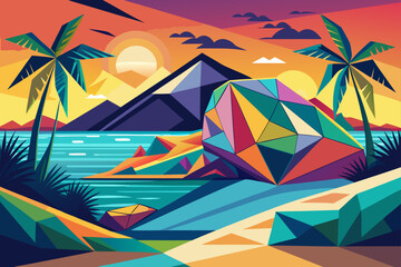 Vibrant Geometric Tropical Sunset Landscape  A Colorful Low Poly Illustration