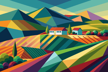 Geometric Landscape Illustration Colorful Mountain Range and Farm Scene