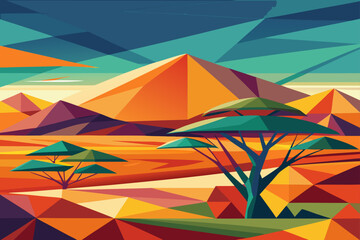 Geometric Abstract African Savanna Landscape Vibrant Colors and Shapes