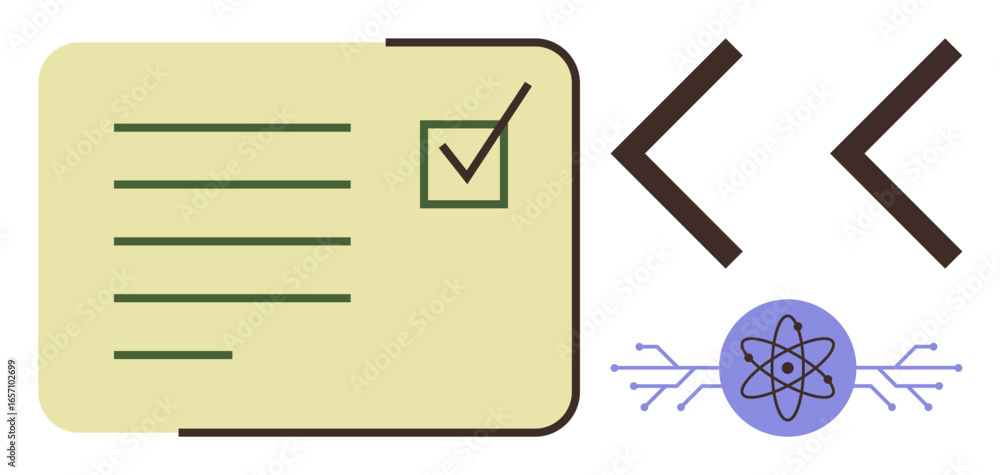 Poster checklist with marked task, coding angle brackets, atomic diagram with connection lines. ideal for t
