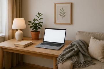 Cozy home office with laptop, lamp, plant, and couch in minimalist style for relaxed workspace inspiration