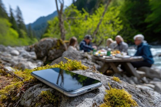 Mindful escape: digital detox, person releasing gadget habit, embracing real connection, happiness, enjoying nature, rediscovering laughter, restoring balance, choosing presence over distraction