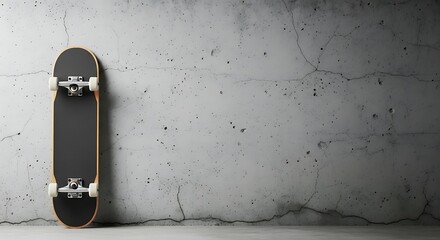 Skateboard leaning against textured concrete wall, urban lifestyle and skateboarding concept
