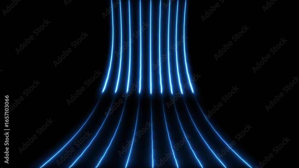 Poster bright neon blue curve lines moving on black background. seamless looping animation, 3d animation, a