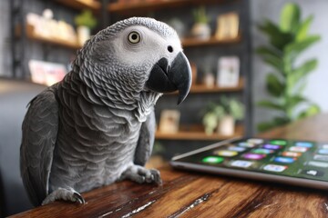Obraz premium Curious African Grey Parrot perching on wooden table next to a tablet.
