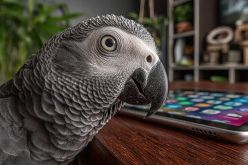 Obraz premium African Grey Parrot observing modern smartphone on a dark wooden table.