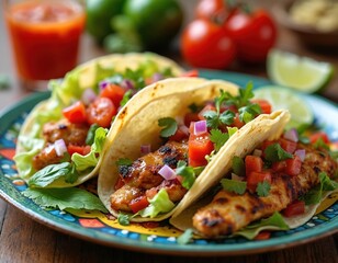 Grilled chicken tacos served on colorful plate in vibrant kitchen setting. Close-up food photography captures culinary creativity with fresh lettuce, tomatoes, red onions, cilantro. Perfect for