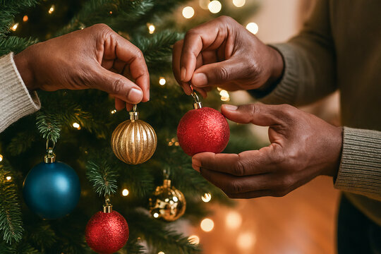 African american couple decorating christmas tree with shiny ornaments in cozy living room. concept of holiday tradition, festive home decor, joyful christmas celebration. - Powered by Adobe