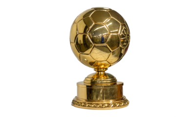 A gleaming golden football trophy, representing ultimate sporting achievement and recognition in the world of professional soccer.